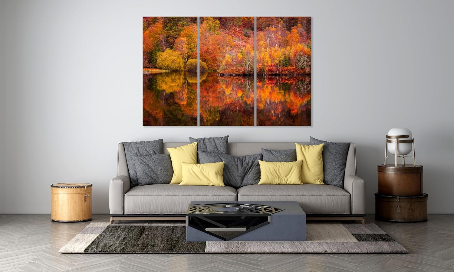 Nature Wall Art Prints - Ocean Forest Mountain Lake Canvas Landscapes - Small to Extra Large Living Room Bedroom Kitchen Bathroom Décor (Autumn Forest with Lake, 47L" x 71W" - 3 panels)