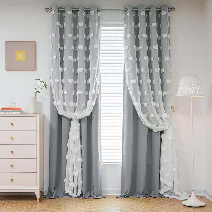 MYSKY HOME 95 Inch Long Living Room Curtains Double Layer Grey Blackout Curtains for Boys Bedroom White Pom Pom Sheer Curtains for Kids Room Darkening Grommet Top Nursery Window Panels 52 x 95 in