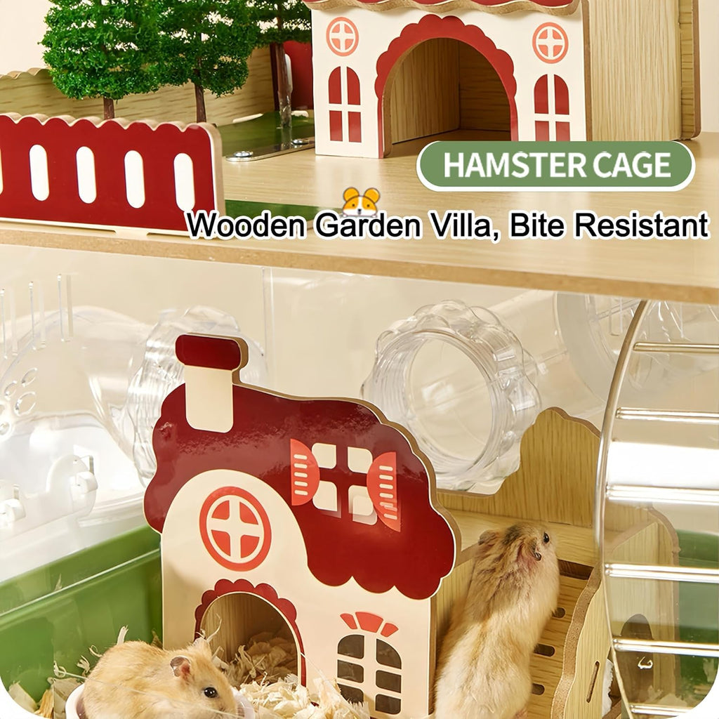 17 in 1 Clear Acrylic Hamster Cage with All Accessories,13.5''L* 10''W* 21''H Dwarf Hamster Cage,Magnetic Connection Small Hamster Enclosure,Garden Style Wooden Pet Mouse Cage for Pet Mice(3-Layer)