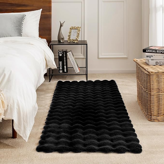 Ashler Faux Rabbit Fur Rug - Black 4'x6' Fluffy Soft Area Rug, Machine Washable 3D Bubble Rectangular Carpet for Living Room, Bedroom & Nursery