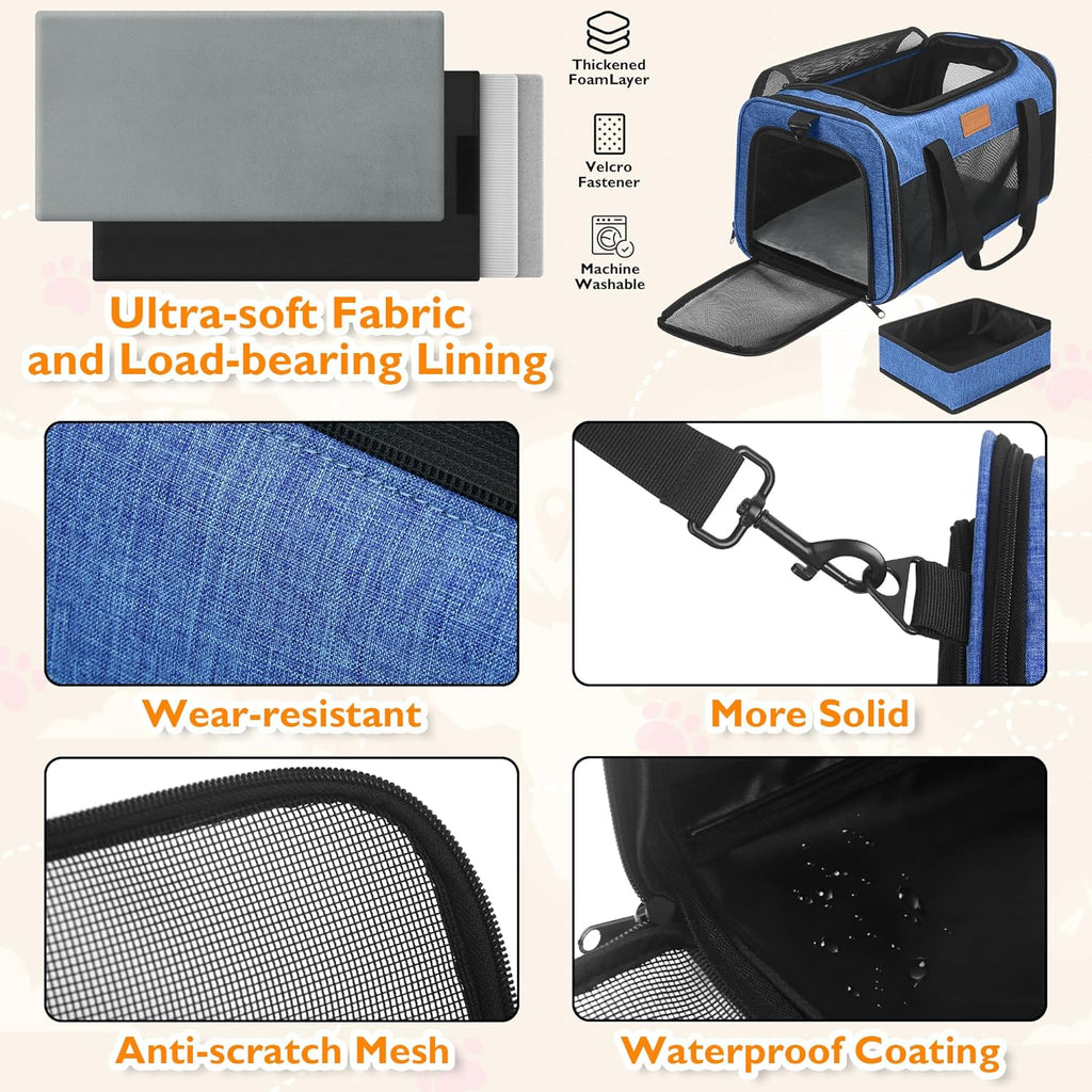 PETUX TSA Approved Pet Carrier in Cabin, 17"x11"x9.5" Soft Cat Carriers for Small Cats up to 12 lb, Top-Open Portable Dog Carrier with Litter Box and Anti-Scratch Mesh for Puppy up to 10 lb (Blue)