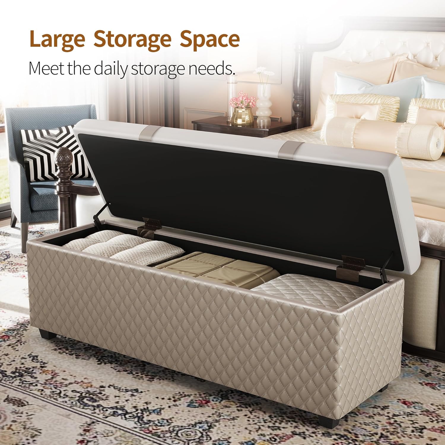 Ottoman with Storage 38 inches, Furniture End of Bed Storage Benches, Long Ottomans Bench with hinged lid, Bench seat Trunk for Foot Rest in Bedroom, Living Room (Multicolor)