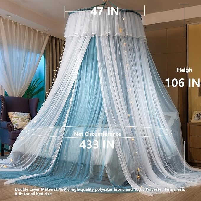AIKASY Princess Bed Canopy for Girls & Adults, Elegant Double-Layer Bed Curtain, Children's Dream Round Lace Mosquito Net - Fits Twin, Full, Queen, and King Beds(Blue/White)