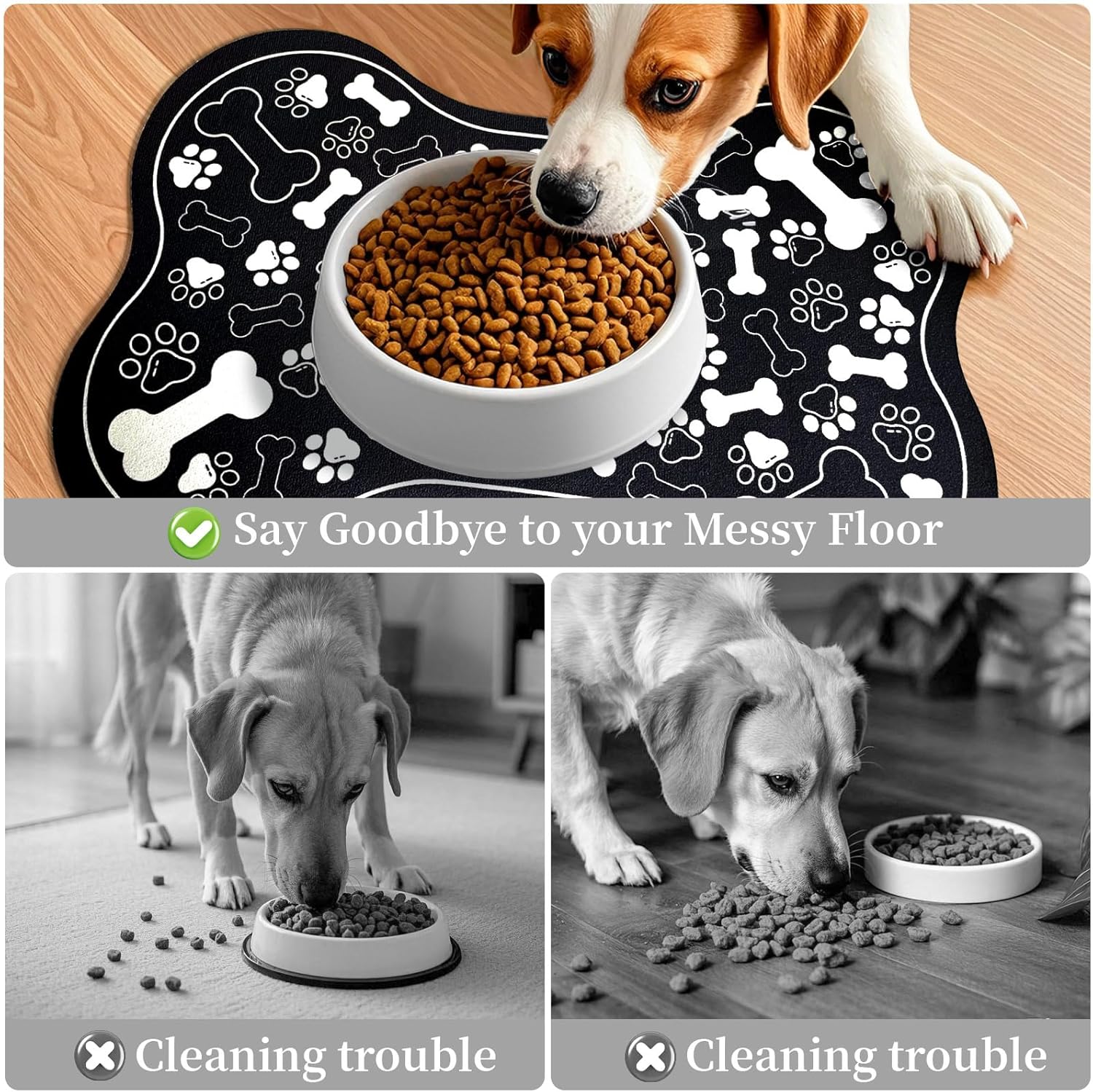 Dog & Cat Food Mat Bone Shaped Pet Feeding Mat Quick Absorb Water Bowl Placemat with Rubber Backing Indoor Floor Stain Resistant Pet Accessory Supplies (Black Small, 12x18 Inches)