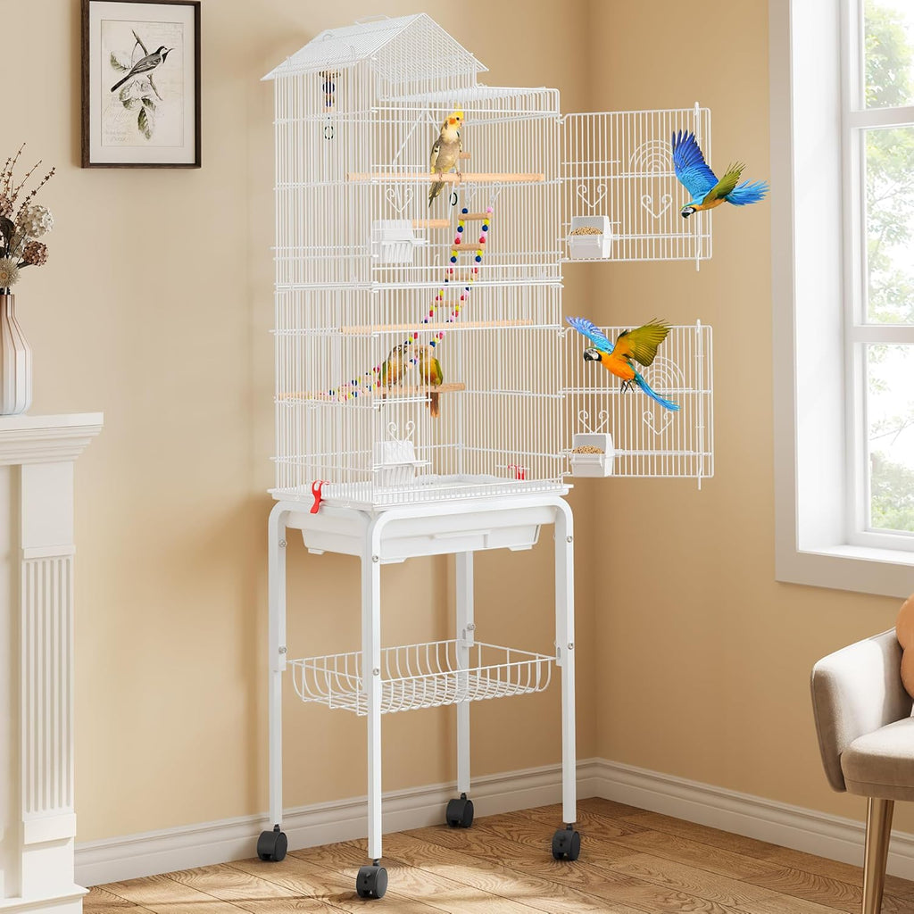 YITAHOME 62 inch Metal Bird Cage, Large Parakeet Cages for Parrot, Cockatiel, Lovebird, Pigeon with Roof Top, Rolling Stand and Hanging Accessories, White