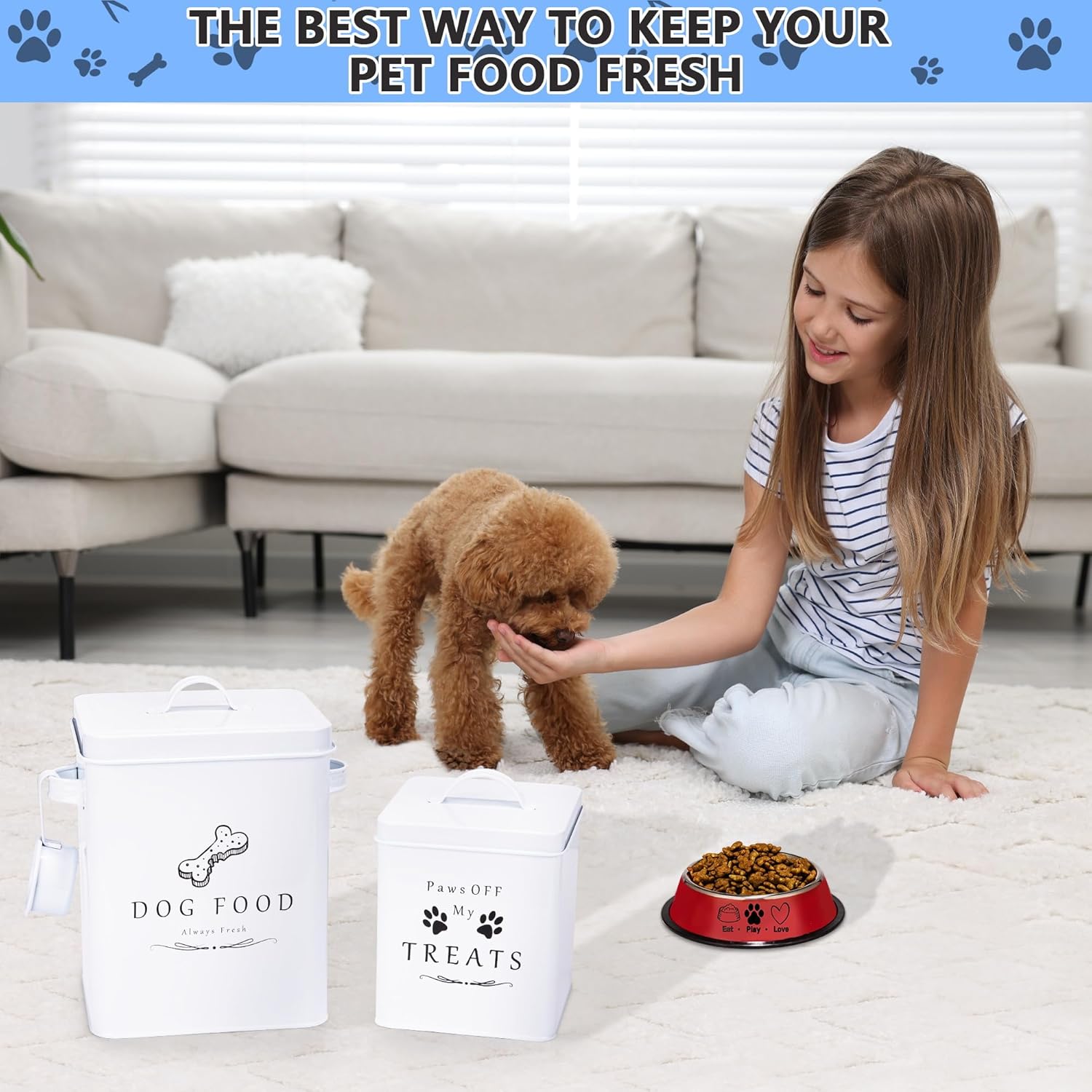 Meraki Home Small Dog Food Container and Dog Treats Container - Tight Lids - Feed Scoop and Pet Food Bowl - Farmhouse Metal Storage Bin - Glossy White