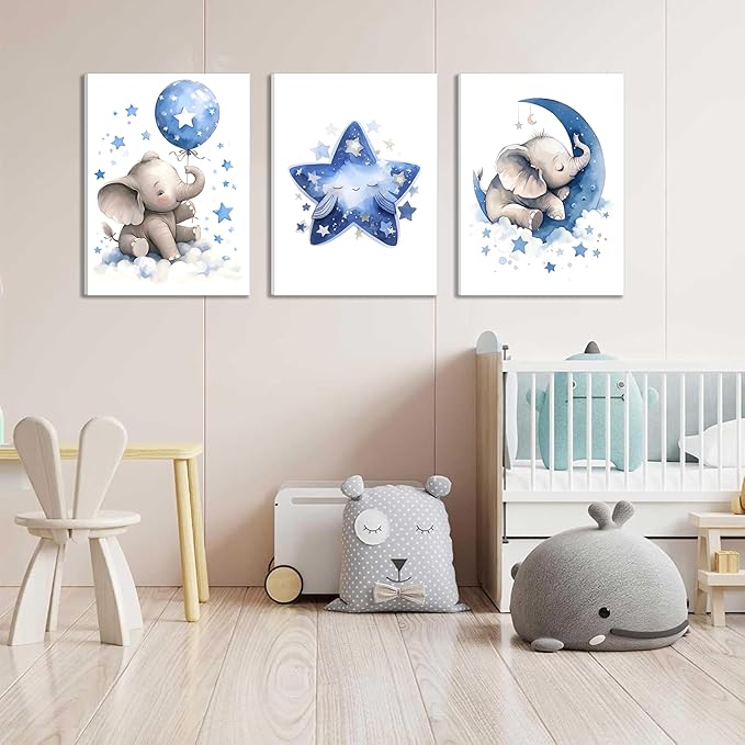 Baby Boy Nursery Canvas Wall Art Set of 3, Blue Elephant Moon and Stars Picture Wall Decor Painting, Cute Animal Baby Girl Nursery Posters Prints for Kids Room Bedroom 16x24 In Framed