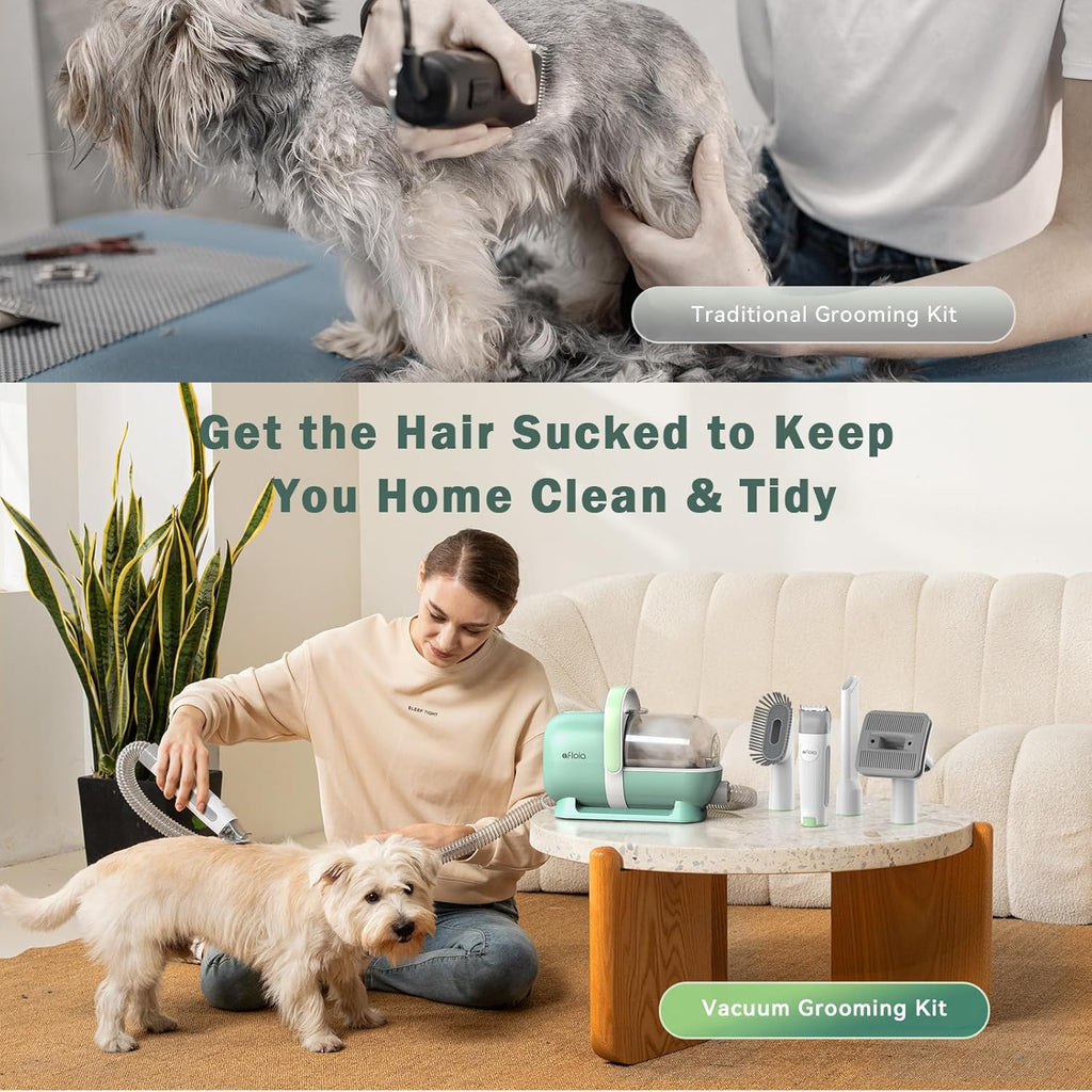 Afloia 6-in-1 Dog Grooming Kit, Pet Grooming Vacuum for Shedding, Dog Hair Vacuum with Clipper Nail Trimmer Grinder, Pet Brush Groomer at Home, Low Noise Cats Hair Remover, 1.5L Dust Cup, Green