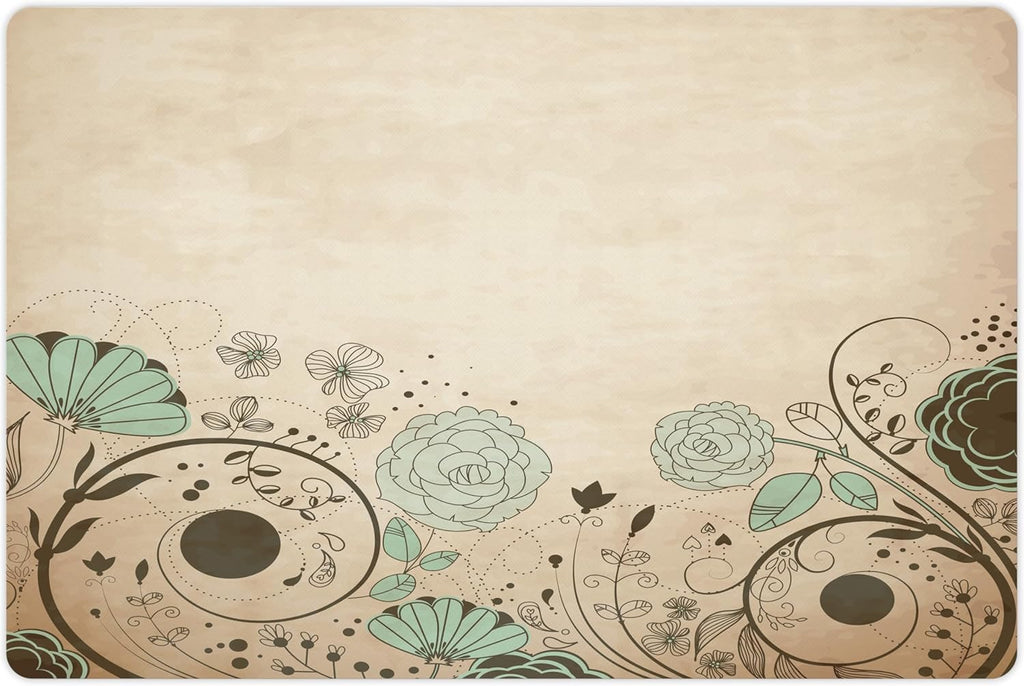 Lunarable Abstract Pet Mat for Food and Water, Old Dated Vintage Retro Antique Image with Floral Swirls Art Print, Non-Slip Rubber Mat for Dogs and Cats, 18" X 12", Brown Turquoise