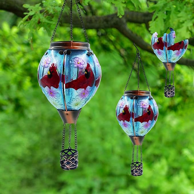 Glass Solar Hot Air Balloon Lantern with Flame Hanging Garden Flickering Light Outdoor Waterproof for Yard Patio Tree Mother's Day Gift, Cardinal