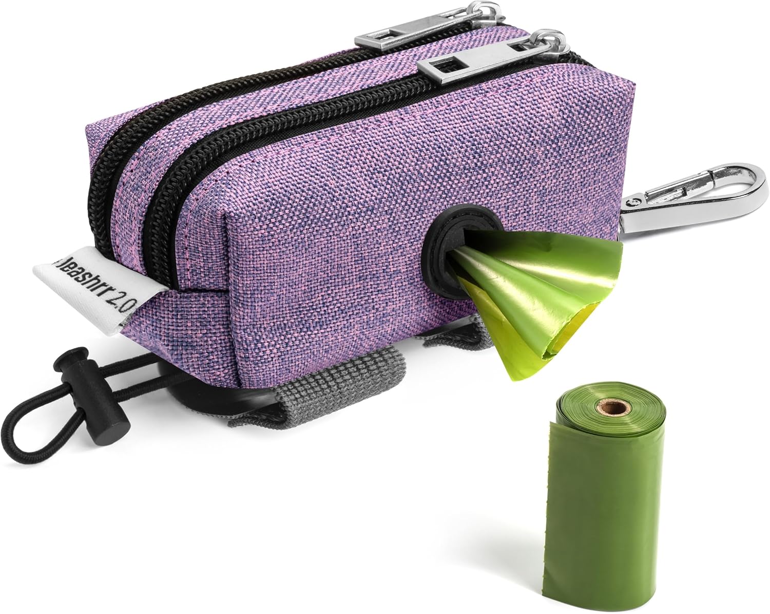 Dog Poop Bag Holder for Leashes - Dog Poop Bag Dispenser and Treat Holder with 2 Waterproof Pouches for Pet Waste Bags and Walking Accessories + 1 Free Roll (Purple)