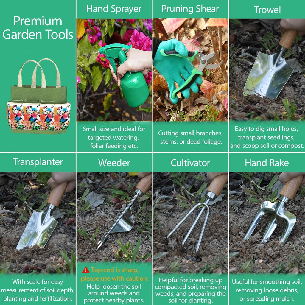 Gardening Tools Set of 9 - Complete Heavy Duty Garden Tools Set with Fashion Handbag - Durable Gardening Supplies Kit Ideal Gifts for Women