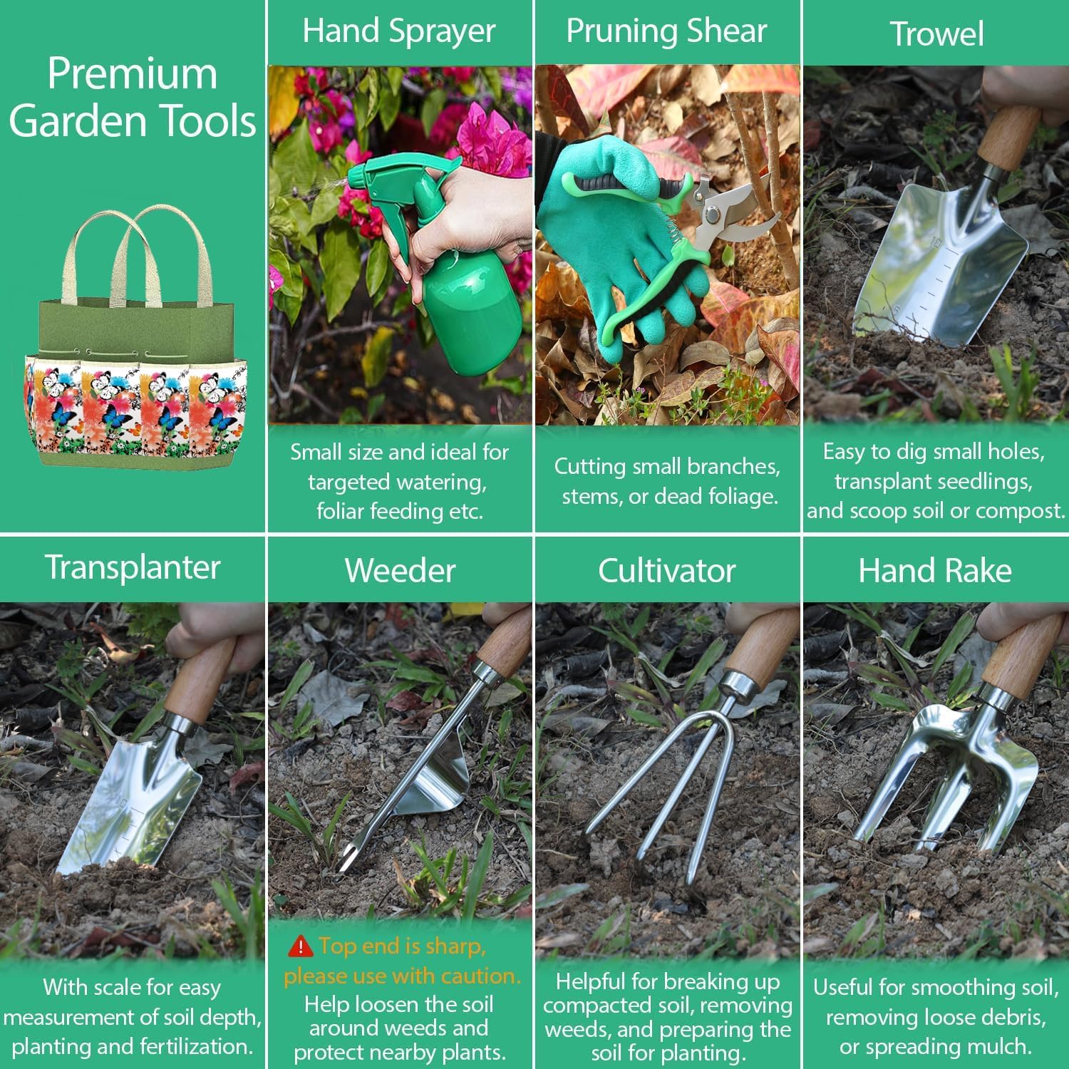 Gardening Tools Set of 9 - Complete Heavy Duty Garden Tools Set with Fashion Handbag - Durable Gardening Supplies Kit Ideal Gifts for Women