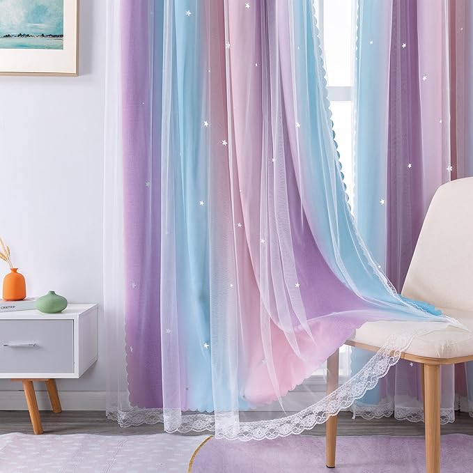 XiDi Curtains for Girls Bedroom Decor 108 Inches Long Colorful Rainbow Blackout Curtains for Kids Princess Nursery Room Unicorn Wall Decor Ombre Grommet Drapes Pink Purple W34 X L108 2 Panels
