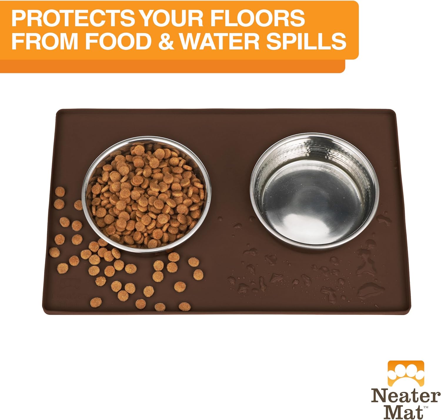 Neater Pet Brands Neater Mat Pet Mats for Food and Water, Cat & Dog Bowl Mat Waterproof Silicone, Feeding Tray, Dog Food Mats for Floors, Placemat w/Raised Edge for Under Bowls, 19” x 12”, Brown
