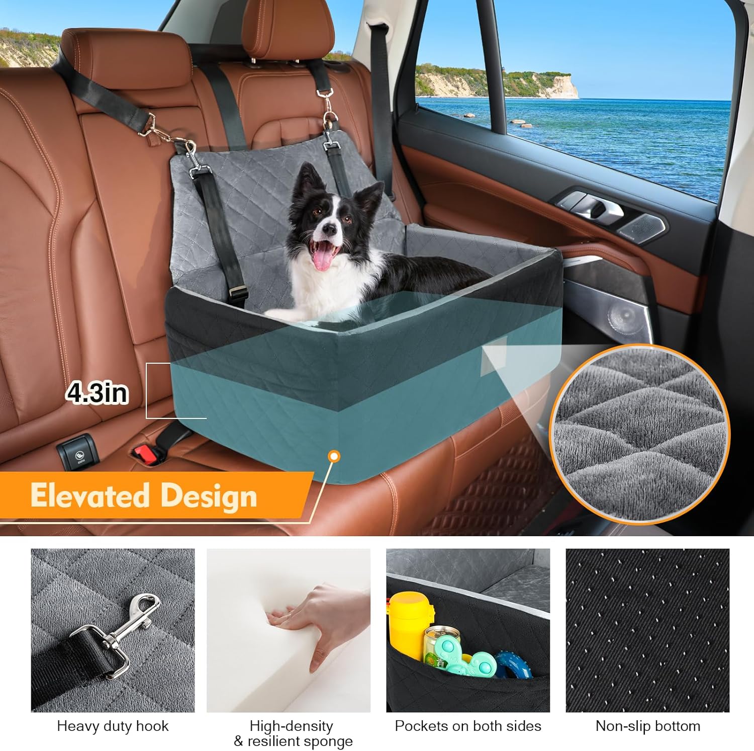 Dog Car Seat for Large Medium Dogs,Washable Pet Carseat Under 55 lbs or 2 Small Dogs,Dog Booster Seat Travel Bed with Thick Cushion,2 Safety Leashes
