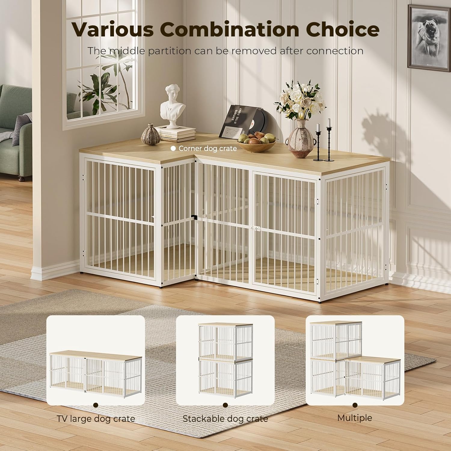 Lyromix 43'' Dog Crate Furniture with 3 Doors, XL Wooden Crate End Table, Heavy Duty Indoor Puppy Cage Kennel for Medium to Large Dogs, Multiple Units Can be Combined, Natural Beech