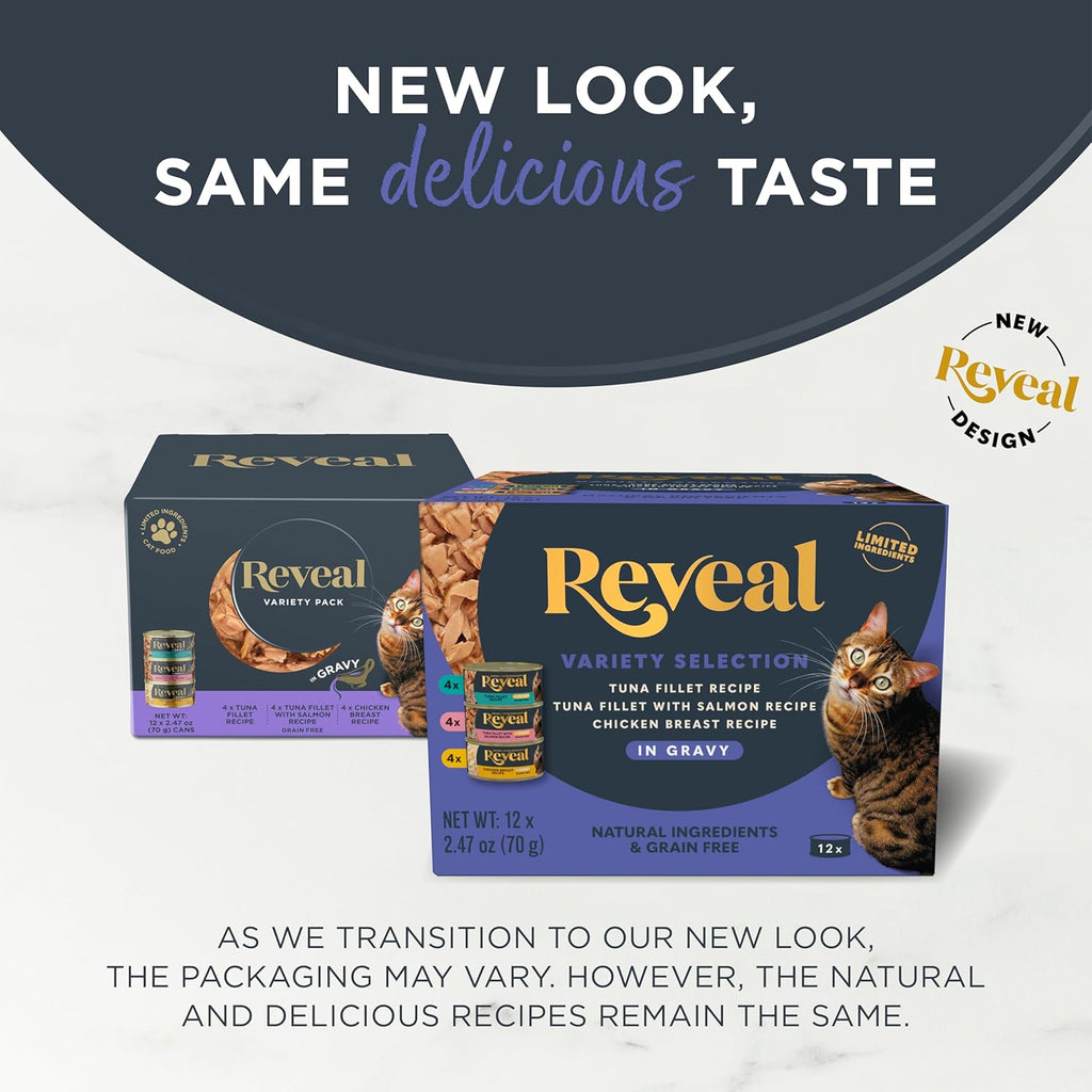 Reveal Natural Wet Cat Food, 12 Count, Grain Free, Limited Ingredient Canned Food for Cats, Fish and Chicken Variety in Gravy, 2.47 oz Cans