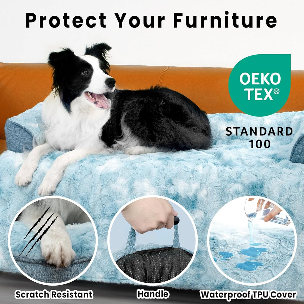 Calming Extra Large Dog Couch Bed for Dogs, 45 x 37 inch Waterproof Removable Pet Mat Couch Cover for Furniture Protector, Non-Slip Fluffy Pelsbarn Dog Bed for Couch, Sofa, Car - Tie-Dye Blue