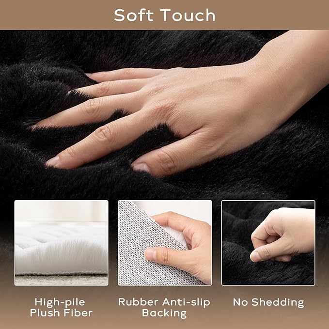Ashler Faux Rabbit Fur Rug, Black 5x7 FT Fluffy Soft Area Rug, Rectangle Fuzzy Carpet for Living Room, Bedroom, Machine Washable Shaggy Nursery Rug - 3D Bubble Rug