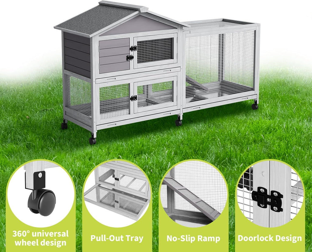 Rabbit Hutch 2-Tier, Small Wooden Chicken Coop with Wheels for Outdoor Use - Weatherproof Small Animal Hutch with Non-Slip Ramp, 4 Access Doors & Removable Tray for Rabbits, Guinea Pigs, Ferrets