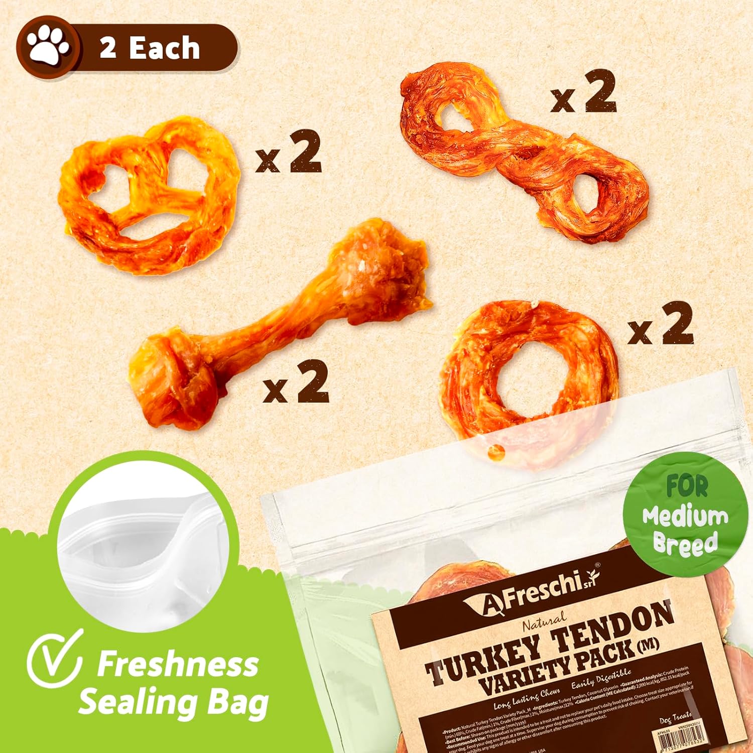 Afreschi Turkey Tendon Variety Pack (M) 10 oz, USA-Sourced Turkey Tendon, All Natural Puppy Chew, Hypoallergenic, Rawhide Alternative