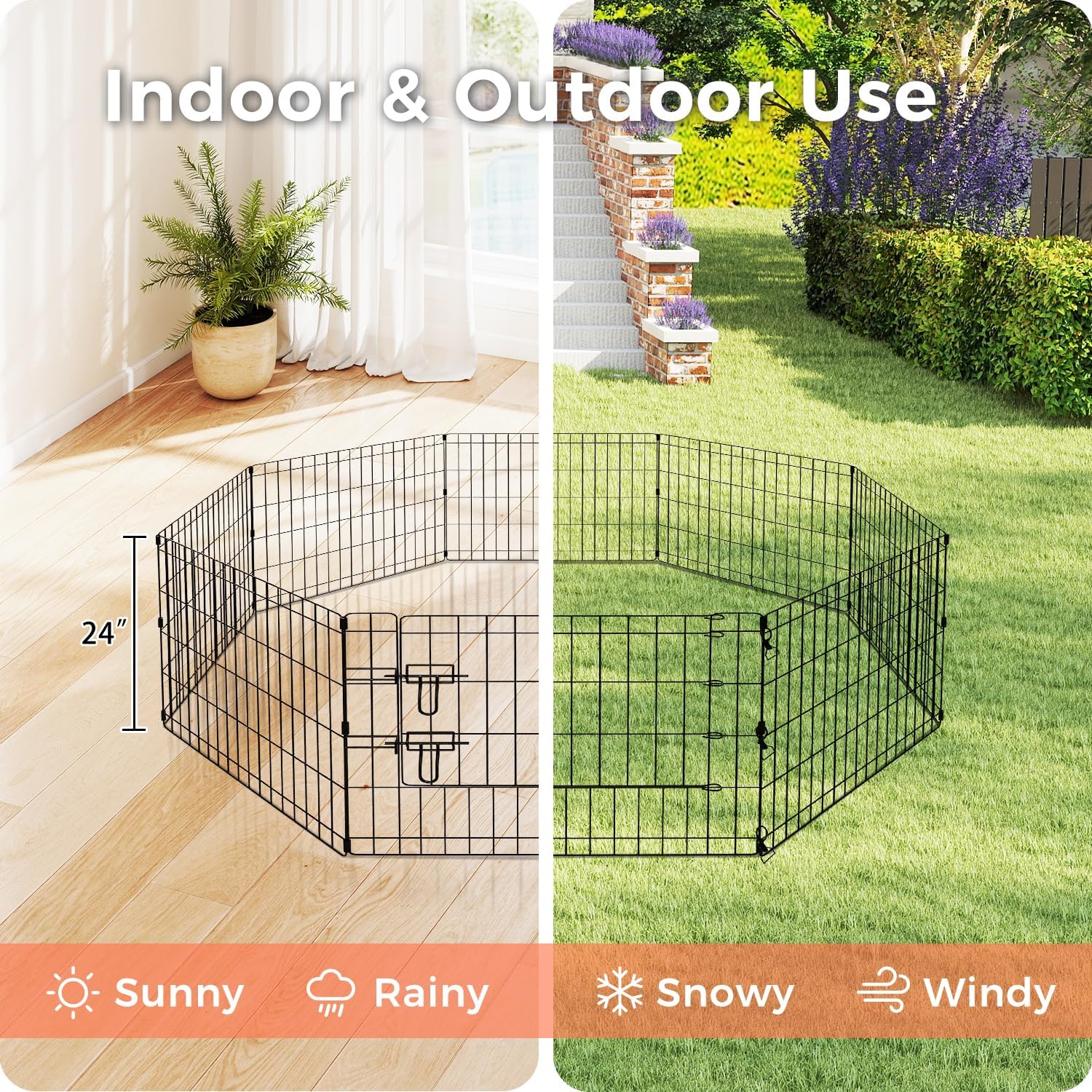 Foldable Dog Playpen 24" Height 8 Panels Metal Exercise Pen with Door - Indoor/Outdoor Puppy Playpen for Small Dogs, Portable Pet Fence for Yard Garden Camping, Black