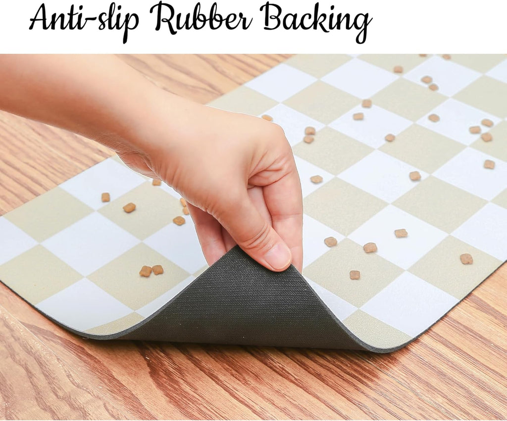 Ralxion Checkered Dog Feeding Mat, Absorbent Mats for Dog Food and Water Bowl, Dispenser, Retro Aesthetic Beige Khaiki Checkerboard Pet Placemat for Dogs, Cats, Puppy Accessories, 16" X 24”