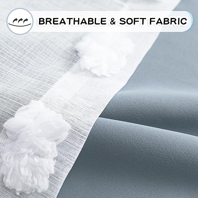MYSKY HOME Kids Curtains for Boys Bedroom Room Darkening Grommet Double Layer Blackout Curtains 2 Panels for Son Room Decor 63 Inches Long White Pom Pom Sheer 2 Layers Dusty Blue 52 x 63 Inch