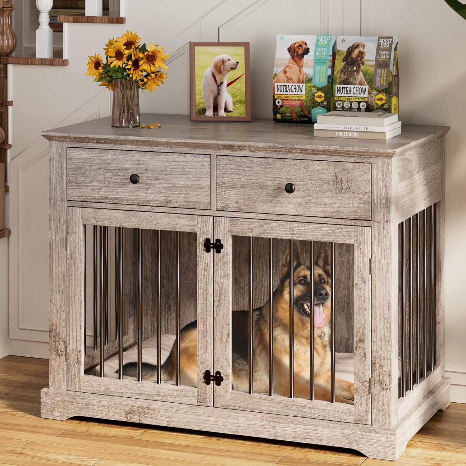 PUKAMI 44inch Dog Crate Furniture with Drawers,Wooden Dog Kennel Furniture for Large Breed,End Table Wood Dog House for Indoor use (Grey)