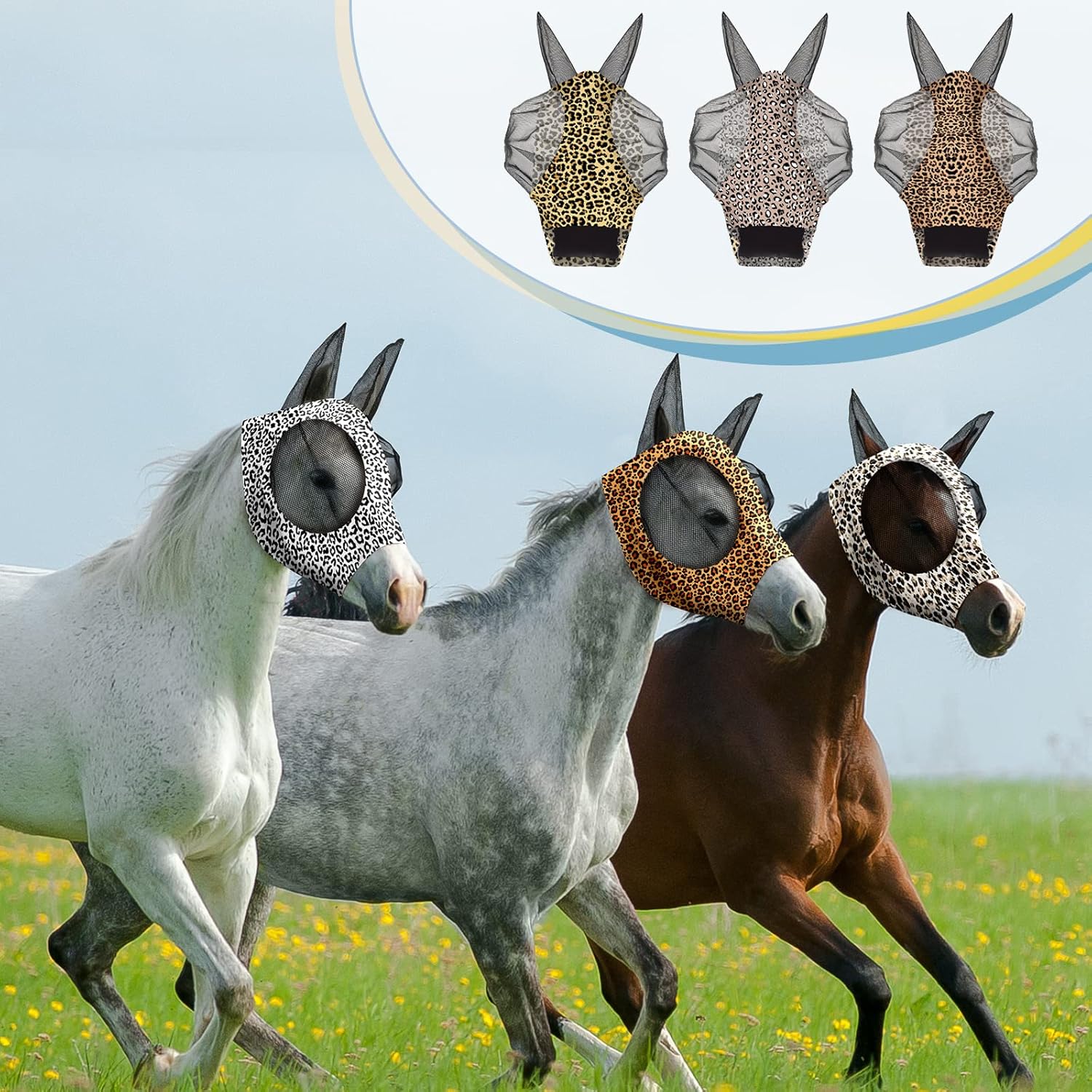 Chunful 6 Pcs Horse Fly Masks with Ears Smooth and Comfortable Cashel Mesh Fly Mask Elasticity Breathability UV Protection Horse Face Covering for Riding Supplies(Leopard,Large)