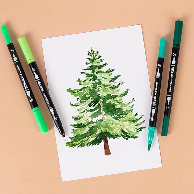 Green Duo Tip Marker Pens, 12 Pack Fine & Brush Markers for Adult Coloring Books No Bleeding, Nature Green Markers for Foliage, Landscape Drawings, Botanical Illustrations and Eco Designs