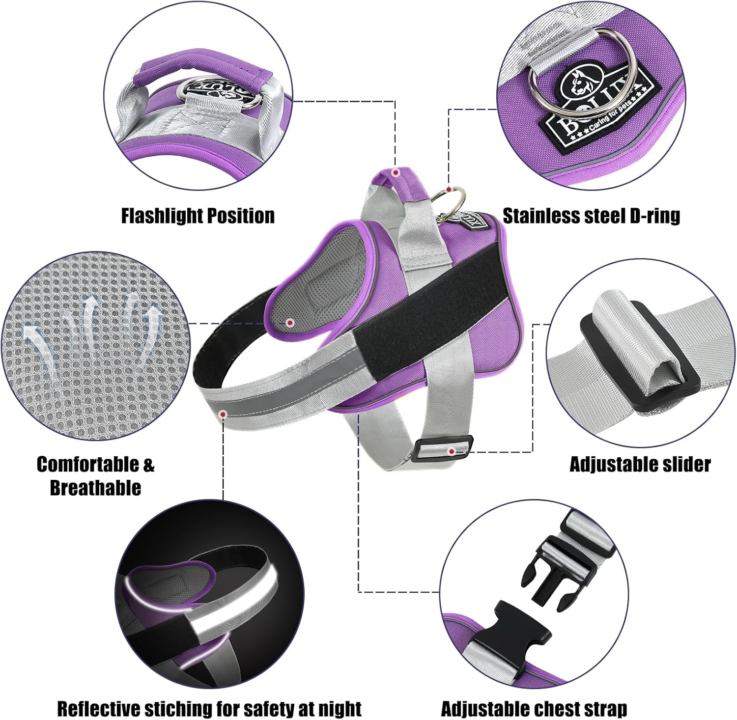 Bolux Dog Harness, No-Pull Reflective Dog Vest, Breathable Adjustable Pet Harness with Handle for Outdoor Walking - No More Pulling, Tugging or Choking (Lavender, Small (Pack of 1))