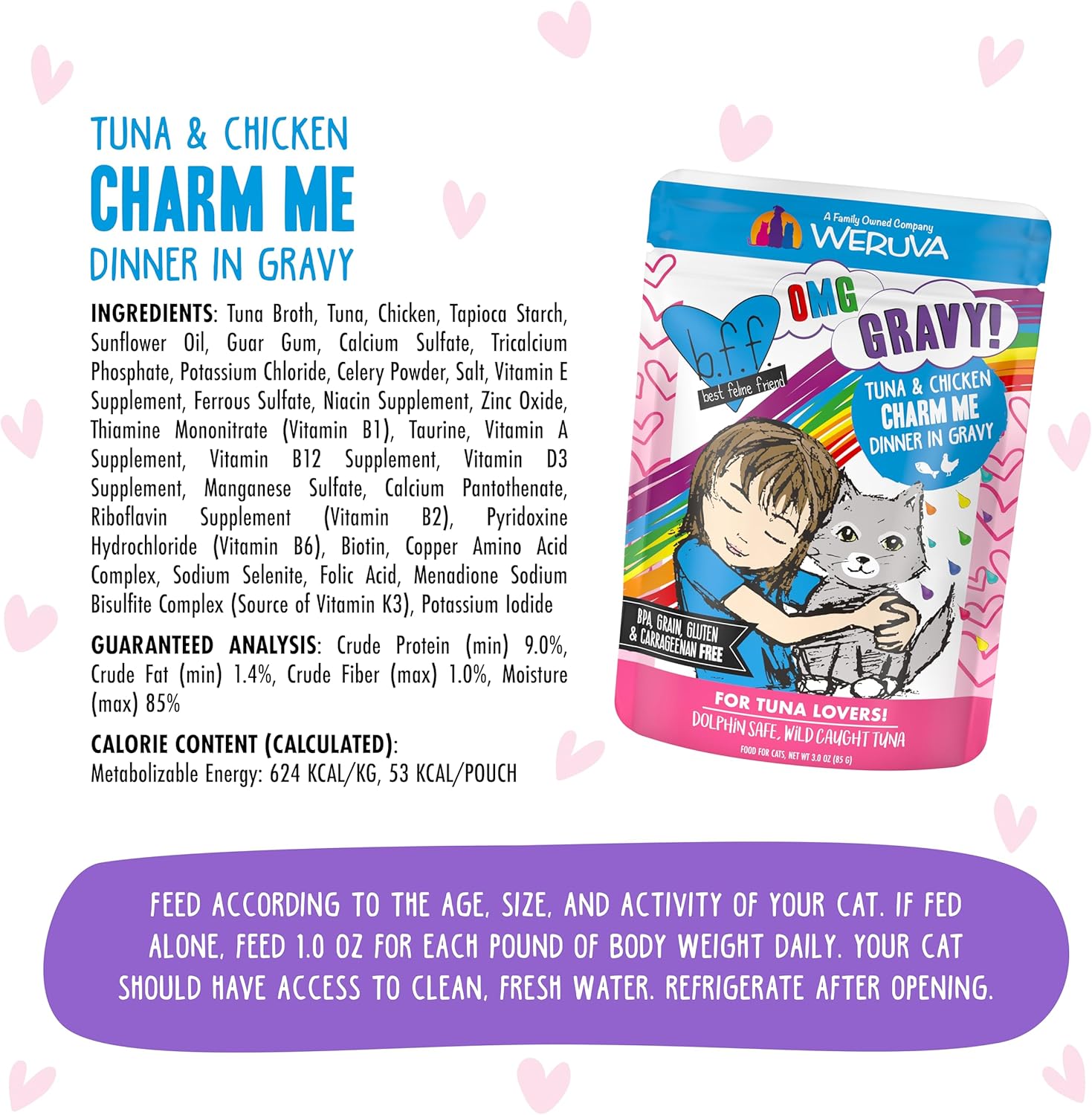 Weruva B.F.F. OMG - Best Feline Friend Oh My Gravy! Tuna & Chicken Charm Me with Tuna & Chicken in Gravy Cat Food, 3oz Pouch (Pack of 12)