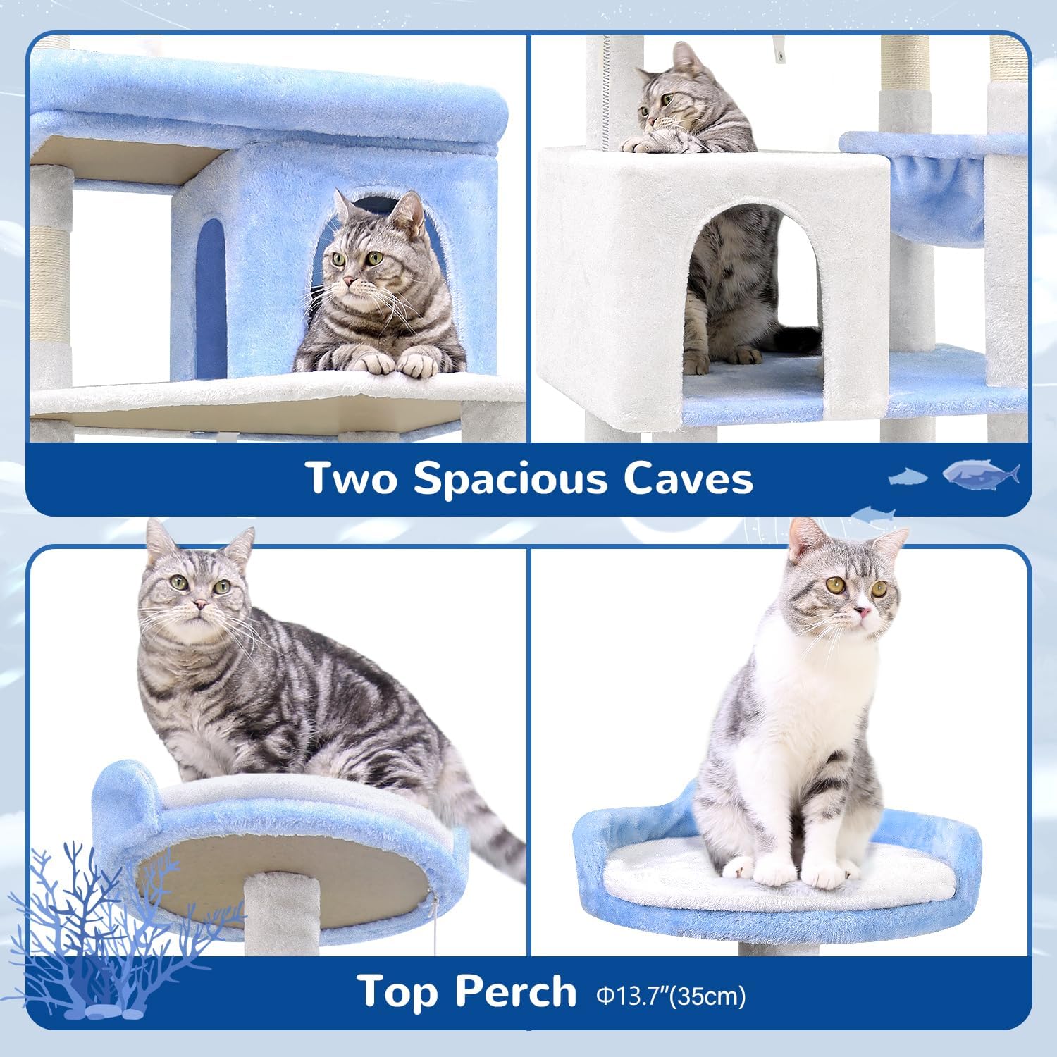 Globlazer Heavy Duty Cat Trees for Large Cats, Sturdy 72in Maine Coon Cat Tree for Large Cats 20 lbs+ Heavy Duty Cat Tower for Adult Biggest Cat with 6 Scratching Posts, Hammock, S72, Ocean Blue