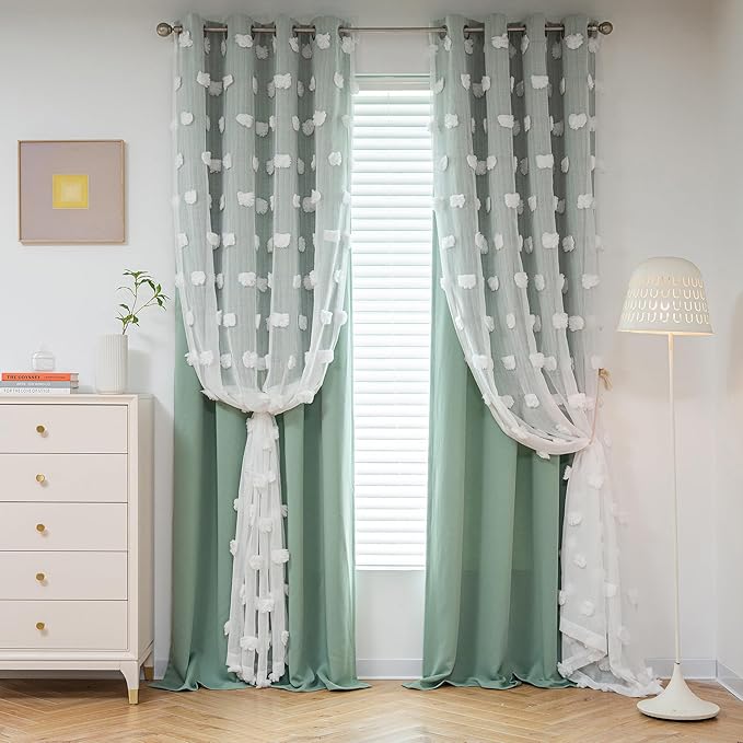 MYSKY HOME Room Darkening Curtains White Sheer Pom Pom Curtains for Living Room Aqua Blackout Curtains for Sliding Door Decor Drapes Double Layer Window Panels Boys Bedroom Grommet Set of 2 W52 X L95