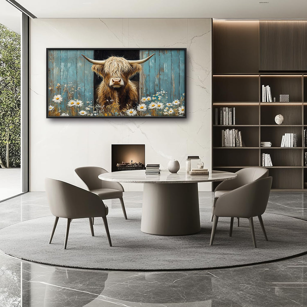 Large Farmhouse Highland Cow Country Wall Art for Living Room, Floral Canvas Oversized Wall Decor, Daisy Flower Animal Framed Pictures Painting Print Artwork for Bedroom Office 60"L x 30"W