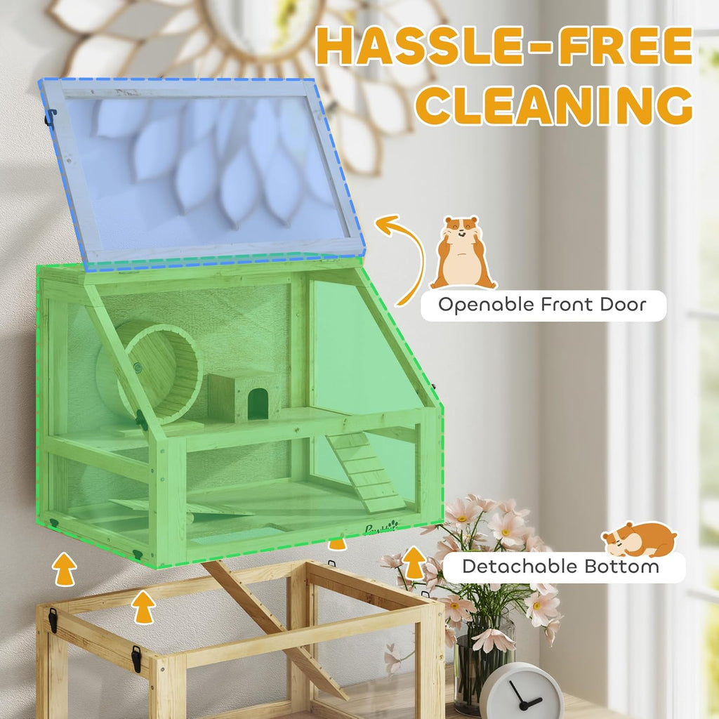PawHut Wooden Hamster Cage, 3 Tier Small Animal Cage with Detachable 12.6" Deep Bottom, Hut, Seesaw, Exercise Wheel, Ramps, Hamster Habitat for Dwarf, Gerbil, 24" x 16" x 29.5"
