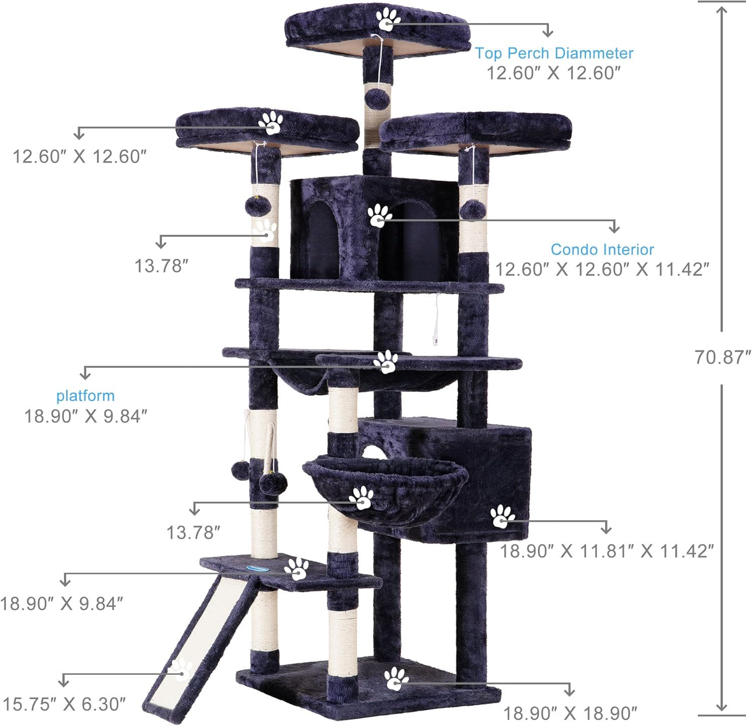 Hey-brother Cat Tree, 71 inches XL Large Cat Tower for Indoor Cats, Multi-Level Cat House with 3 Padded Perches, Big Scratcher, Cozy Basket, 2 Cat Condos and Scratching Posts, Smoky Gray MPJ034G
