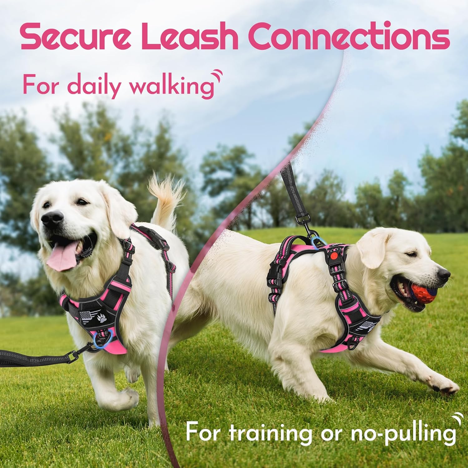 Eagloo Dog Harness for Large Dogs, Easy Wearing with 3 Buckles, Adjustable No Pull Pet Harness with 2 Rings for Walking, No Chock Reflective Soft Padded Vest with Control Handle, Pink & Black, L