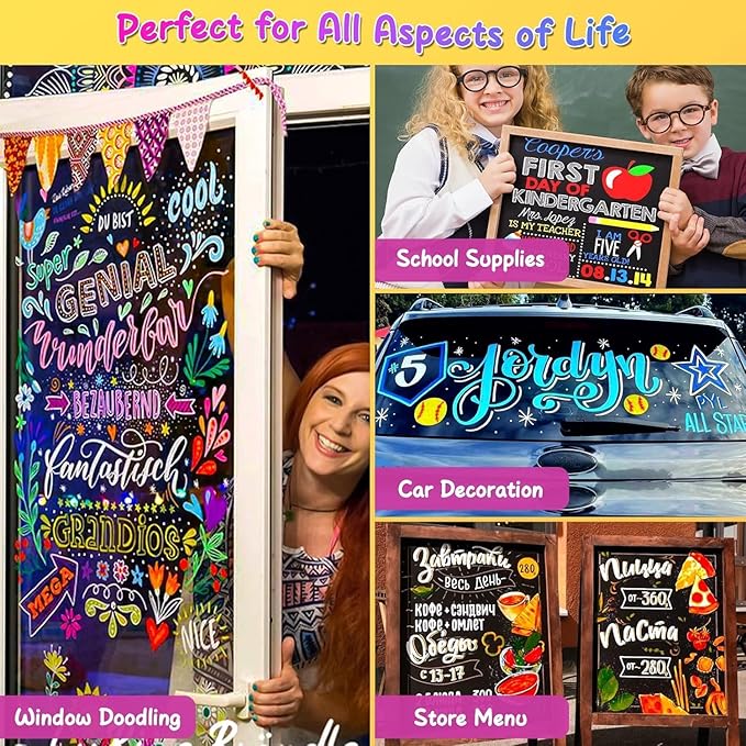 SFAIH 24 Vibrant Chalk Markers for Blackboard [1s Wet Wipe] - No Residue, 6mm Chalk Markers for Chalkboard Calendar, Glass, Window, Menus, Labels, Signs, Car, Non-Toxic, Ideal for Bistro Home School
