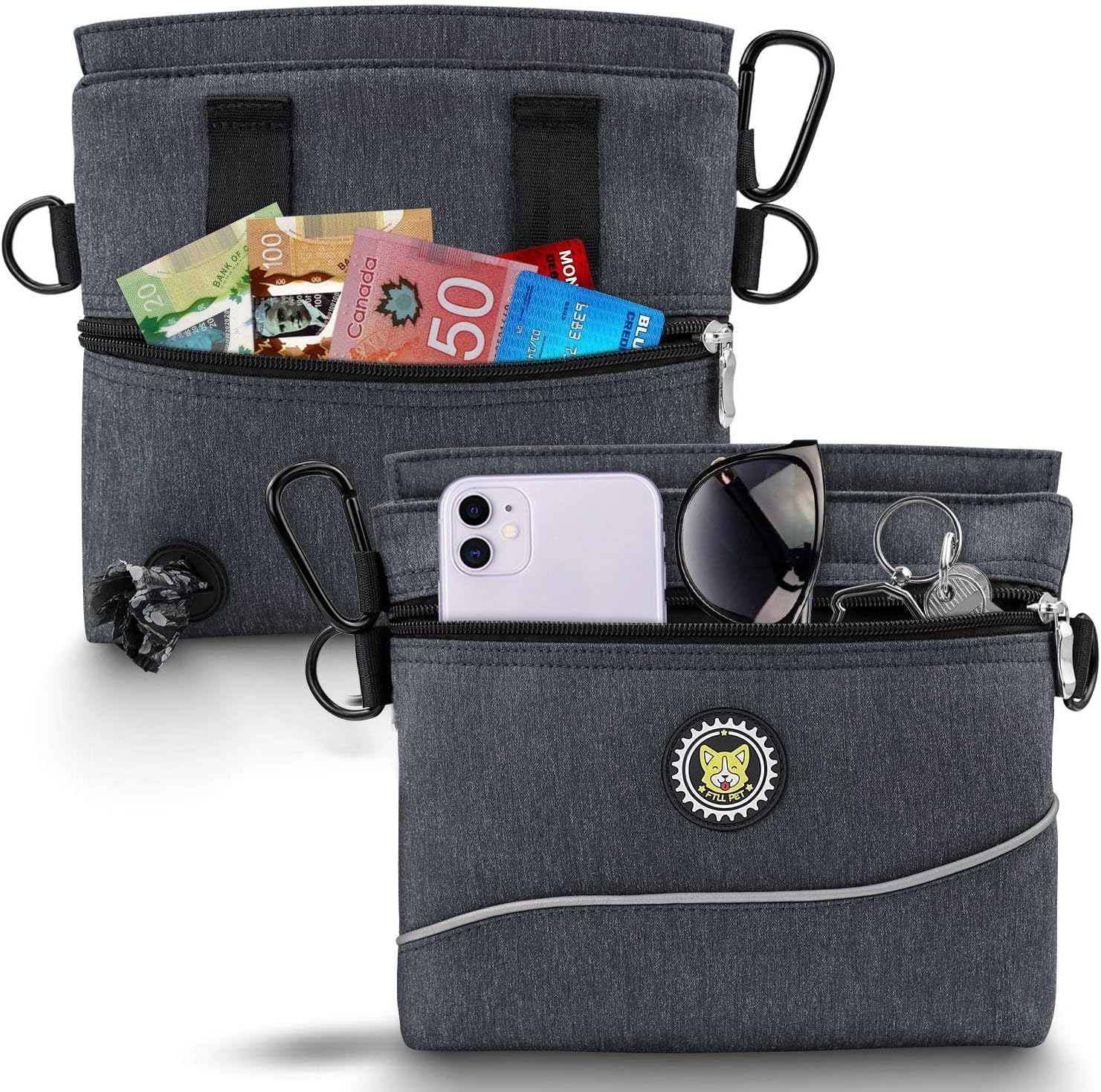 Viklluyr Dog Treat Pouch with Magnetic Closure, 2 Zip Pockets, Removable Inner Pocket, Padded Shoulder Strap, Perfect Food Bag for Agility Training - Including Carabiner
