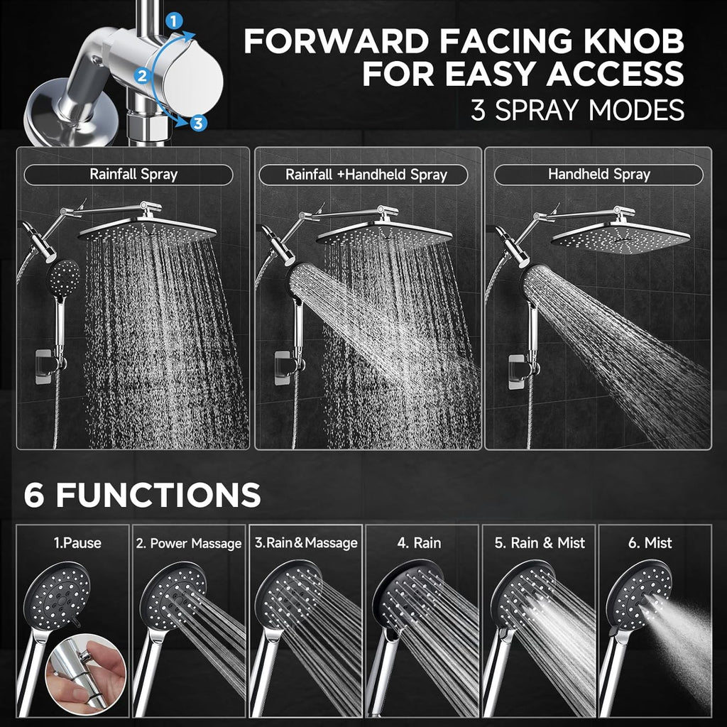 Veken Wide Rain Shower Head with Metal Main Body, High Pressure Showerhead with 6 Mode Handheld Spray Combo for Bathroom Accessories, Home Decor Detachable Dual Shower with Extension Arm,Silver Chrome