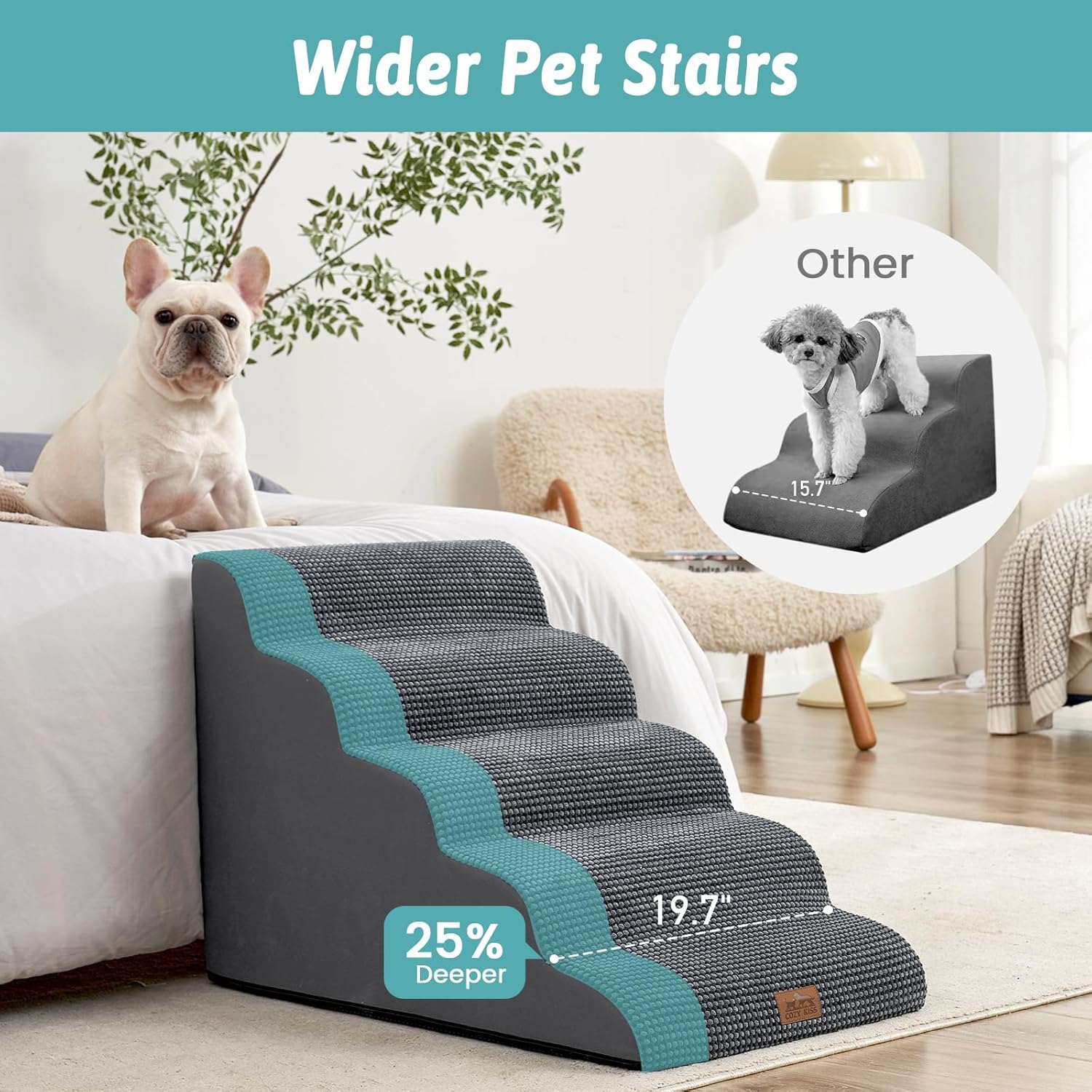 Extra Wide Dog Stairs 19.7" Width, Large Pet Step for Small Medium Dog, Puppy or Cat, Ramp for High Bed or Car, High Density Foam Ladder, Stable, 5 Step, 19.7x33x22.4 in, Dark Grey