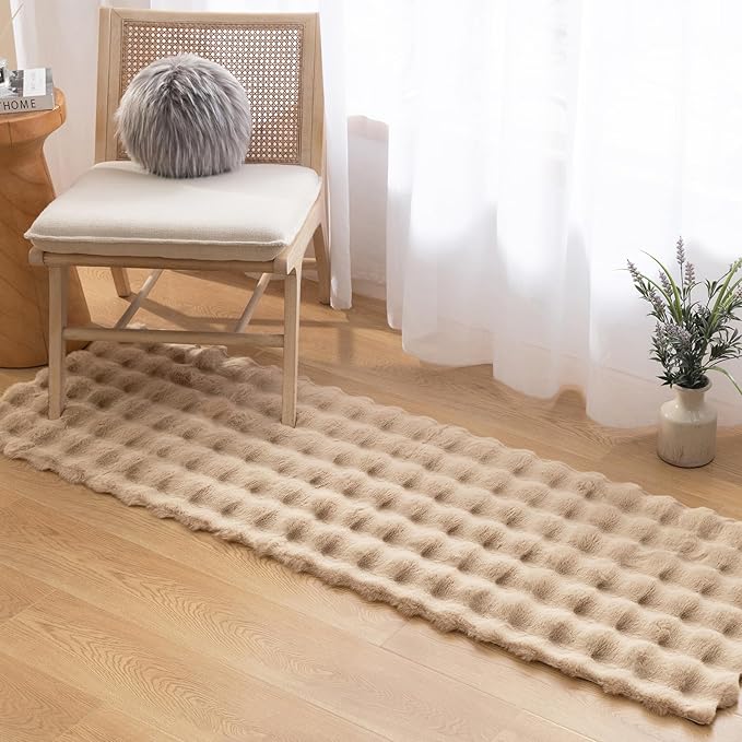 Ashler Faux Rabbit Fur Rug, Beige 2x6 FT Fluffy Soft Runner, Rectangle Fuzzy Carpet for Living Room, Bedroom, Machine Washable Shaggy Nursery Rug