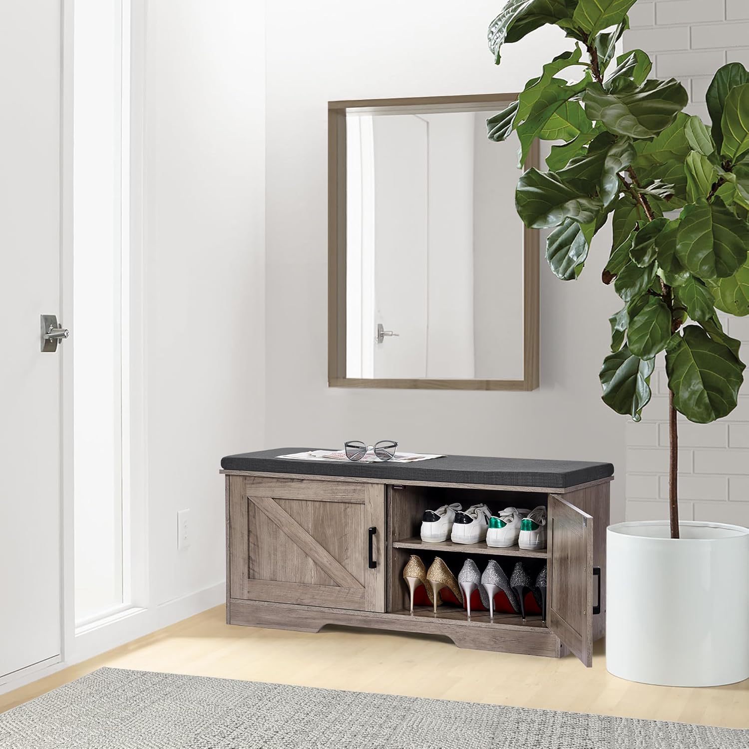 2-Tier Storage Bench, Shoe Bench with Padded Seat Cushion, Entryway Bench with 2 Barn Doors, Adjustable Shelf, 13.8" D x 39.4" W x 17.7" H, for Entryway, Living Room, Bedroom, Greige
