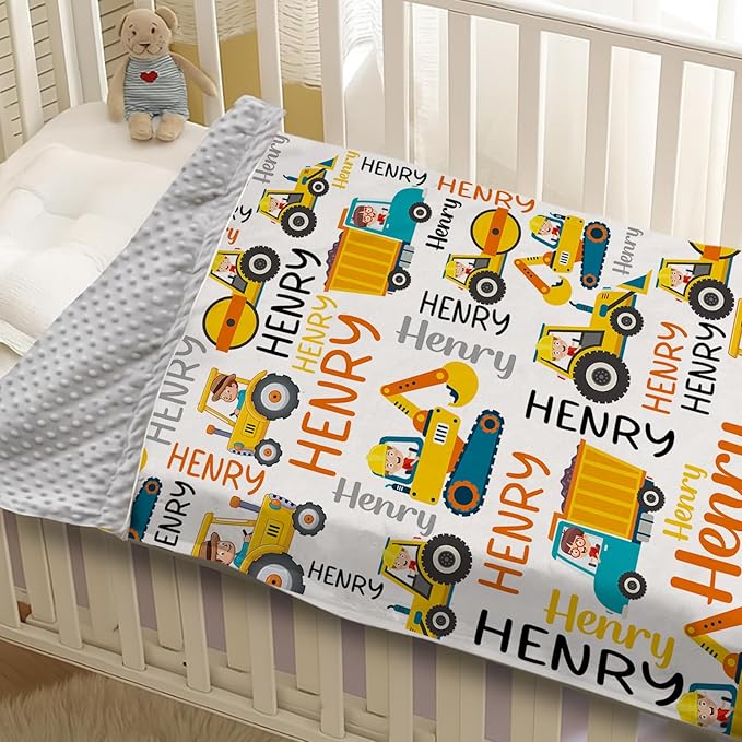 Personalized Baby Blankets for Boys, Custom Name Blanket Birthday Gift for Kid, Soft Flannel Blanket with Dotted Backing for Infants Toddlers, Customized Gifts, Yellow Truck(47" x60)