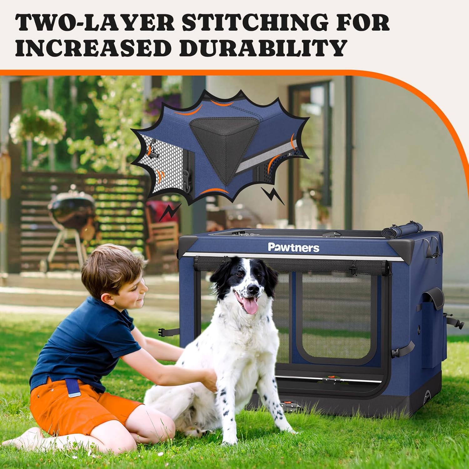 Collapsible Dog Crate: 38 Inch Foldable Soft Sided Dog Crate for Large Dogs, Portable Dog Travel Kennel with Soft Mat for Indoors & Outdoors, Blue (38" L x 27" W x 27" H)