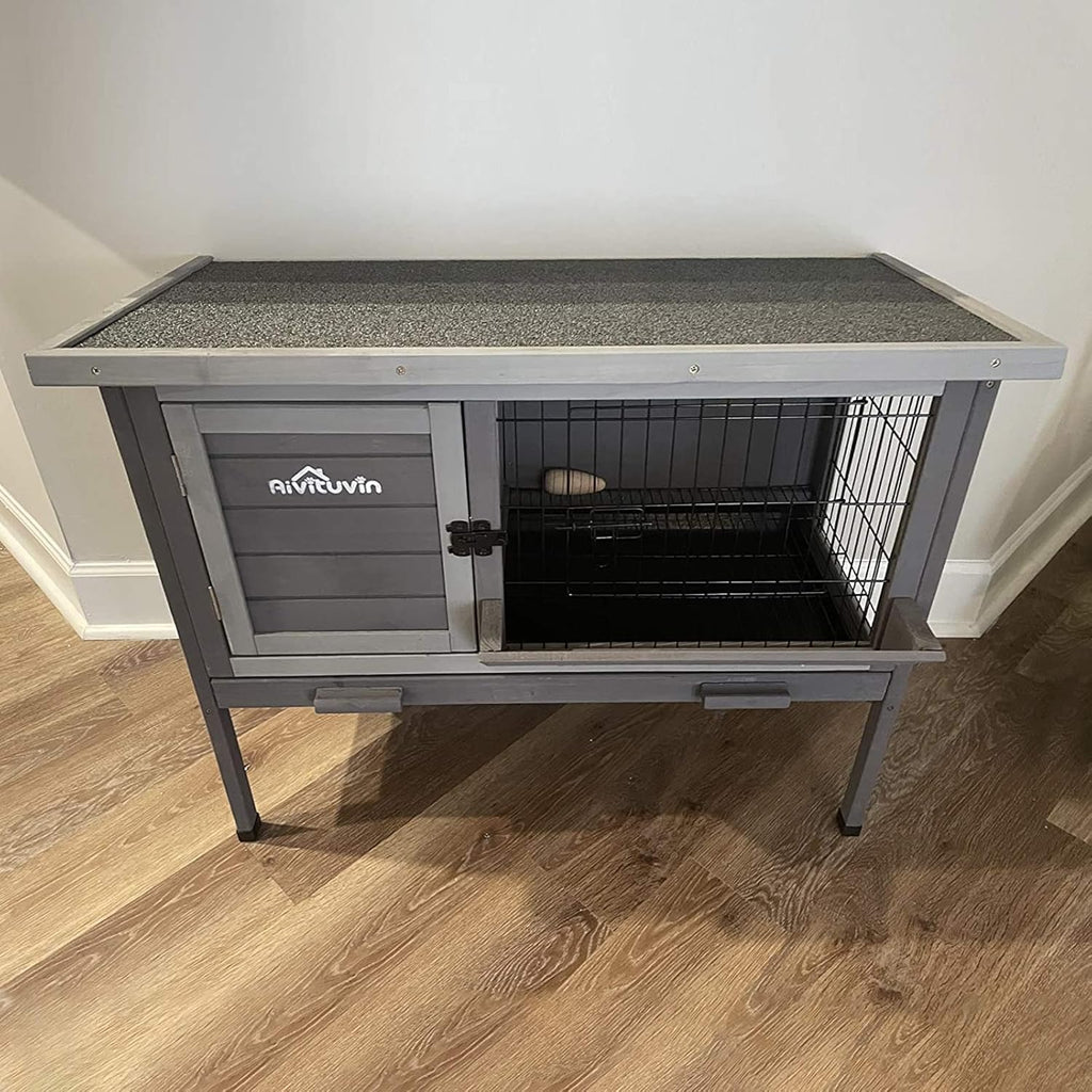 Aivituvin Outdoor Rabbit Hutch, Wooden Bunny Cages Indoor with Deeper Leakproof Tray - Upgrade with Metal Wire Pan