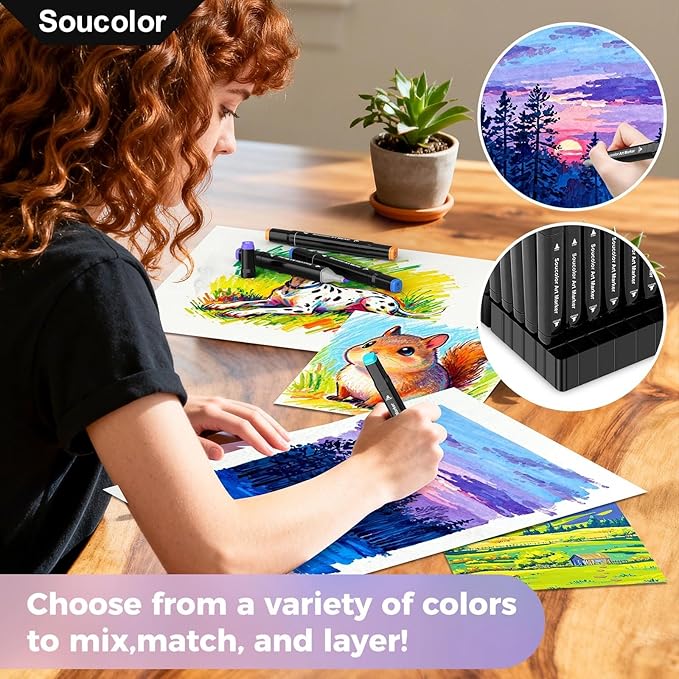 Soucolor Alcohol Markers 320 Colors with Case & Holders, Dual Tips Chisel & Fine Art Markers for Adult Coloring Kids Drawing, Artist Markers Art Supplies for Blending Sketching